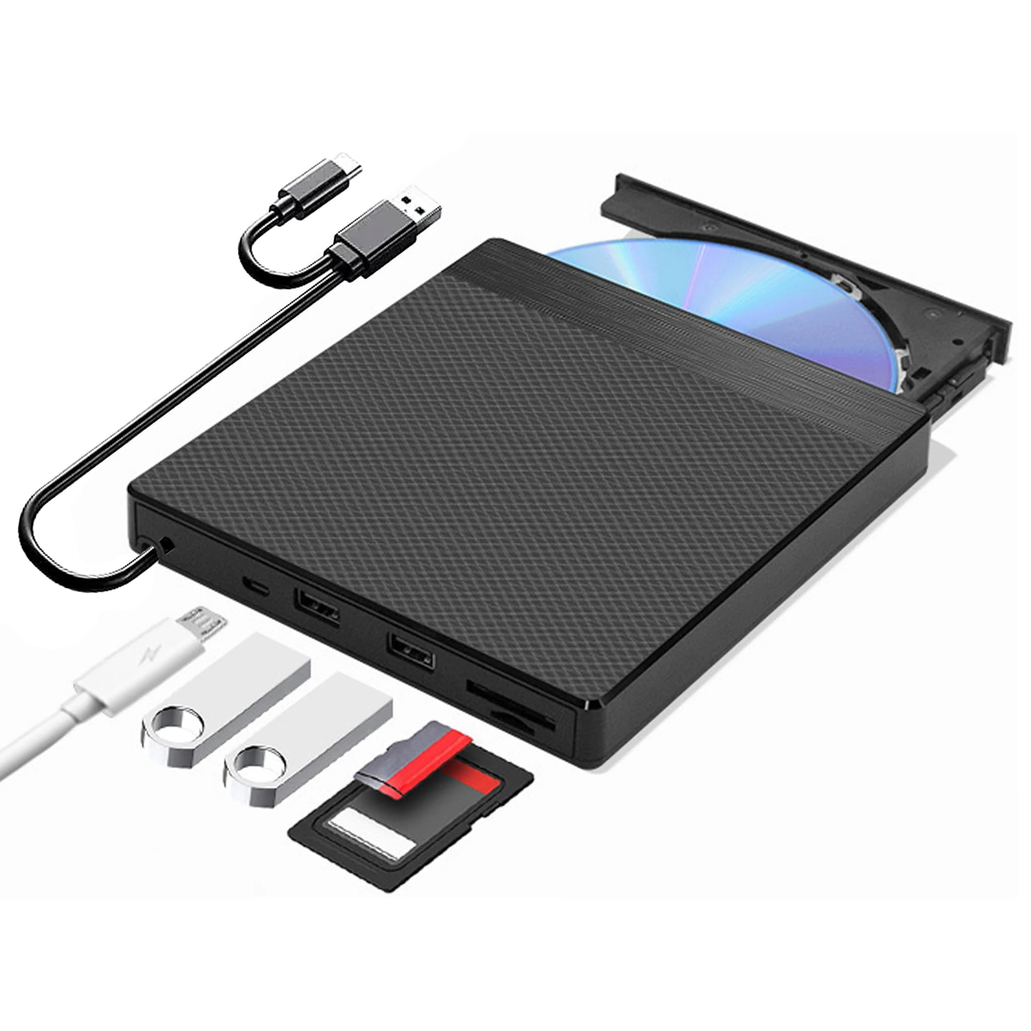 INDOTEAM External CD DVD Drive for Laptop PC – USB 3.0 & Type-C CD/DVD RW Portable DVD Player CD Player with SD TF Card Reader – CD-ROM Burner Rewriter Slim Optical DVD Disk Drive