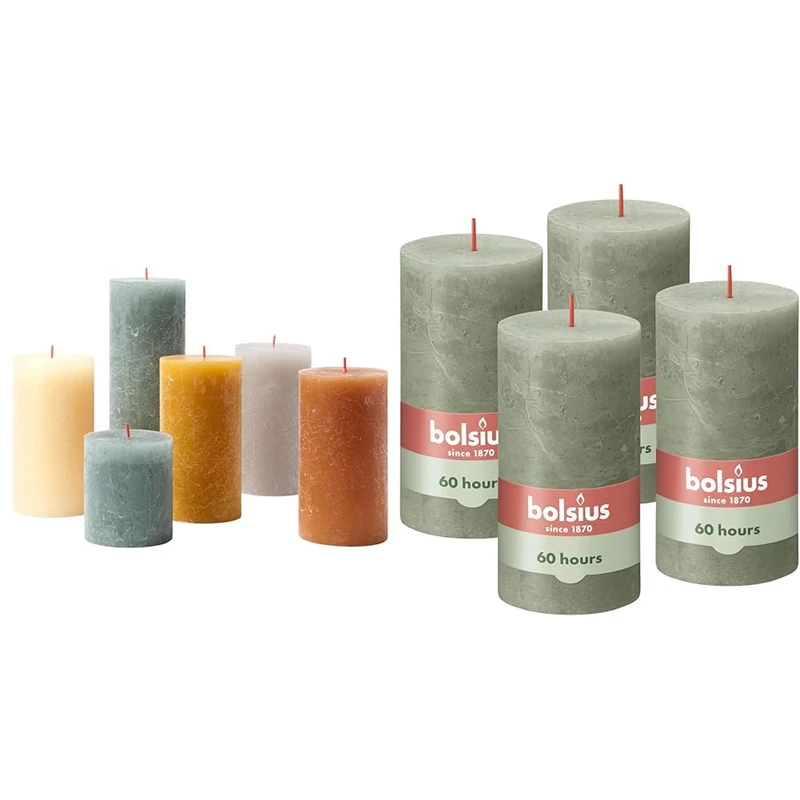 Bundle of Bolsius Rustic Candle Gift Set - Nordic Ambiance - Box of 6 Candles - Long Burning Time + Bolsius Rustic Pillar Candles - Green - Set of 4 - Burning Length Time 60 Hours - 13 x 7 cm