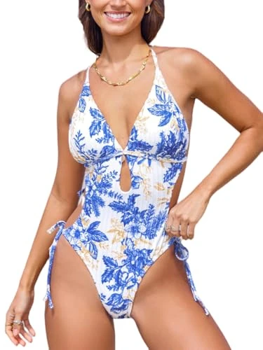 CUPSHE Women's One Piece Swimsuit Bathing Suit Halter Cutout Pluning Neck Backless Self Tie Textured Swimming Costume White/Blue Floral M