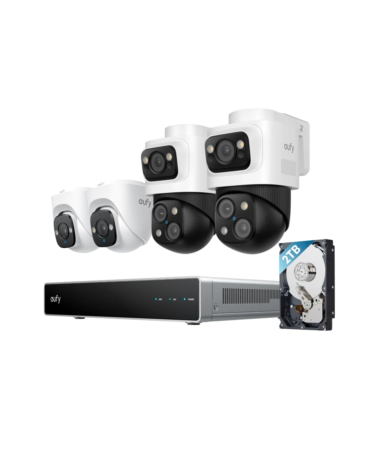 eufy Security PoE NVR CCTV Camera Systems S4, 2 Bullet-PTZ Cameras and 2 Turret Cameras with 2TB Hard Drive, 360° PTZ, Smart Video Finder, Cross-Cam Tracking, 24/7 Recording