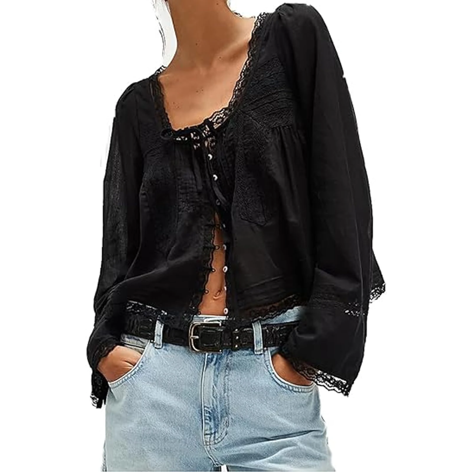 RUIWANBBY Women's Lace Tie Front Top Y2k Coquette Long Sleeve Ruffle Button Down Cardigan Shirt Going Out Flowy Peplum Tops (Black, S)