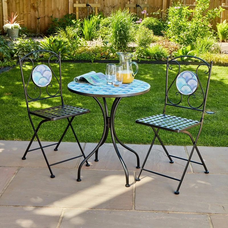 Home Source Ocean Mosaic Patio Outdoor Bistro Set, Round Table and 2 Folding Chairs, Metal Garden Furniture, Blue