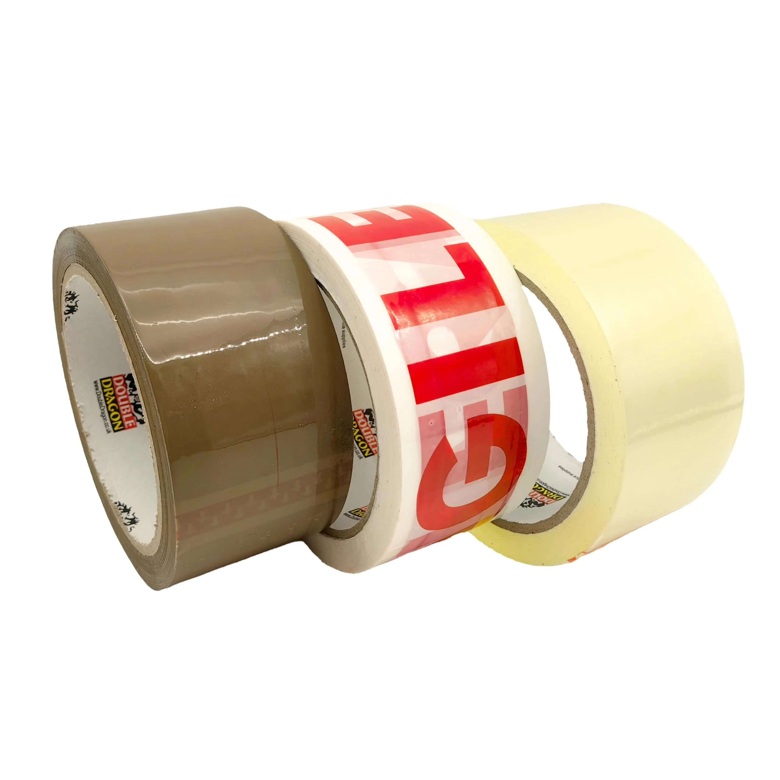 Double Dragon Mixed Packing Tape Multipack –66m Long, 48mm Wide, 3 Rolls| Brown, Clear & Fragile Printed Tape Rolls | Secure Adhesive Sealing Cellotape Tape for Parcels, Moving Boxes & Storage