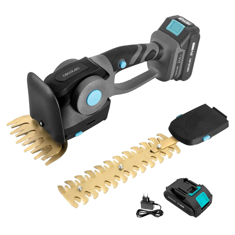 Cecotec TitaniumSword 2120 Hand XL Cordless Lawnmower and Hedge Trimmer Titanium Laser Blades Ergonomic Handle 21 V Brushless Battery Accessories Hedge 22 mm and Grass 13 cm Power and Versatility
