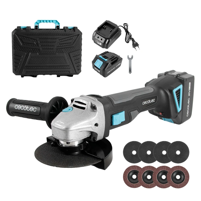 Cecotec Freemove RadialPower 2120 Battery Angle Grinder. 21V Battery, Brushless Motor, Compatible with 125mm Discs, Speed up to 12,000rpm, Includes 8 Discs and Case