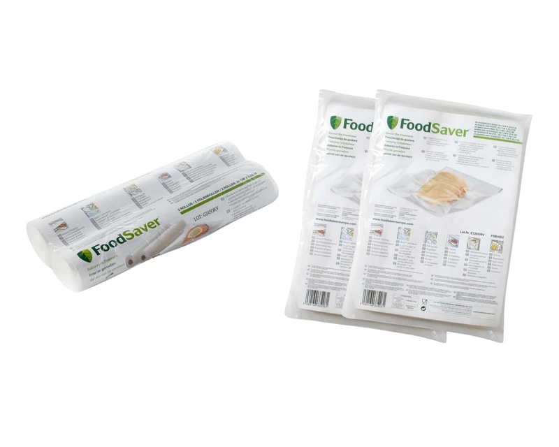 FoodSaver Kit of 2 Heat Seal Rolls 11" x 5.5m + 2 x 48 Bags 8" x 11.5" for Vacuum Food Machines, BPA Free