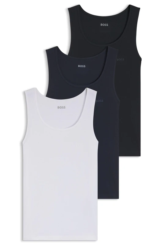 BOSS Mens TankTop3P RibClassic Three-Pack of Embroidered-Logo Tank Tops in Cotton