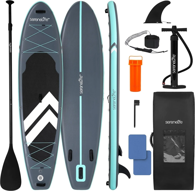 SereneLife Paddle Board Inflatable SUP 32in Wide Stable Design for Adults and Kids – Stand Up Paddle Board, Non Slip EVA Deck Beginner Friendly Kit with Paddle, Pump, Backpack, Leash