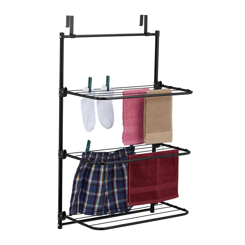Relaxdays Door Laundry Rack, Clothes Airer, HWD: 95 x 58 x 31 cm, 10 m Drying Length, 3 Folding Wings, Iron, Black