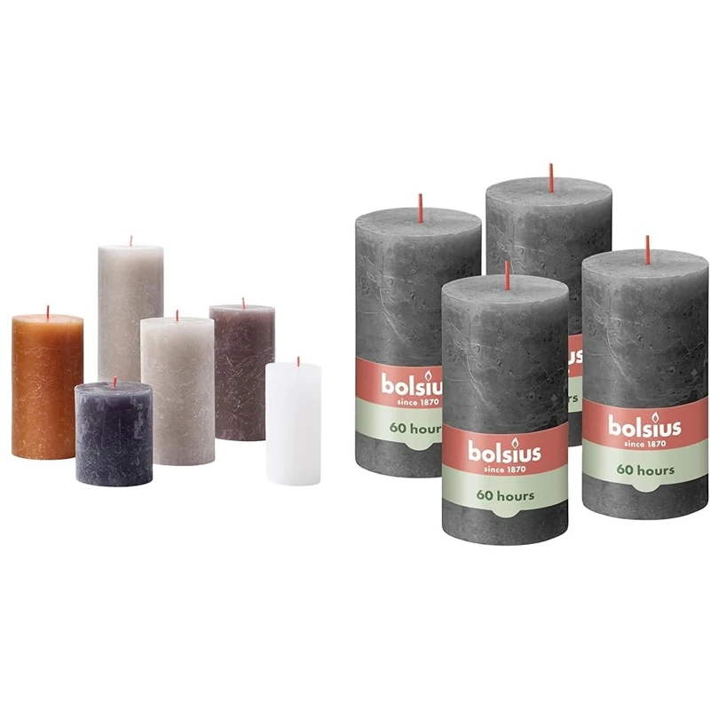 Bundle of Bolsius Rustic Candle Gift Set - New Neutrals - Box of 6 Candles - Long Burning Time + Bolsius Rustic Pillar Candle - Anthracite - Pack of 4 - Long Burning Time of 60 Hours - 13 x 7 cm
