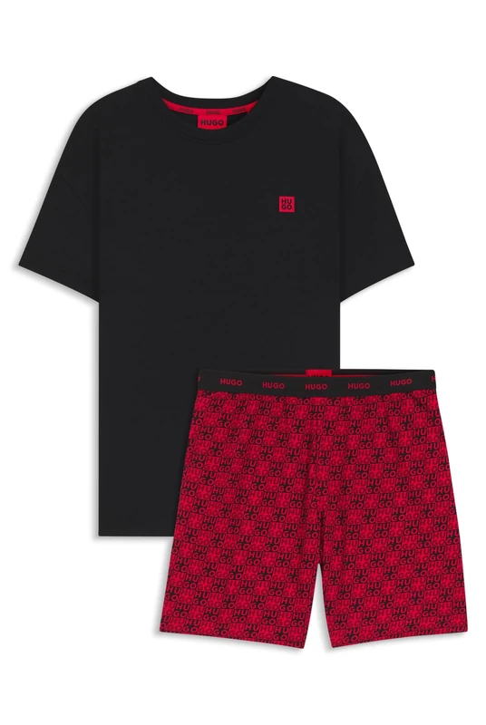 HUGO Mens AARON SHORT SET Stretch-cotton pyjamas with stacked logos