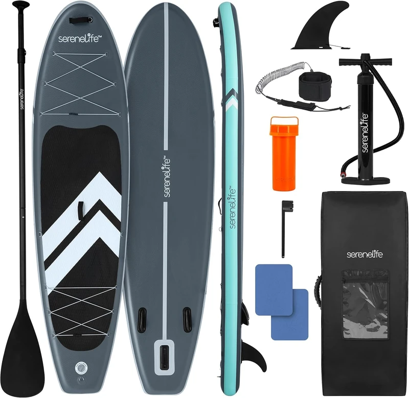 SereneLife Paddle Board Inflatable SUP 32in Wide Stable Design for Adults and Kids – Stand Up Paddle Board, Non Slip EVA Deck Beginner Friendly Kit with Paddle, Pump, Backpack, Leash