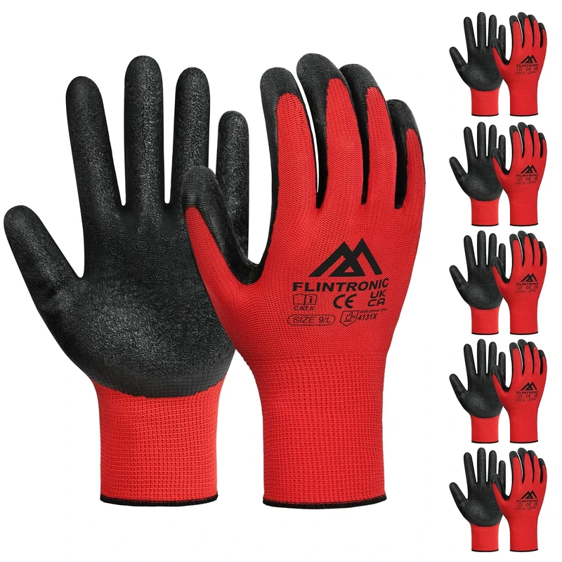 Flintronic 6 Pairs Safety WorkGloves, Latex and Nitrile Coated, Non-Slip Work Handling Gloves, Firm Grip Protective Working Gloves for Gardening, Builders, General Duty (L - Size 9, Red)