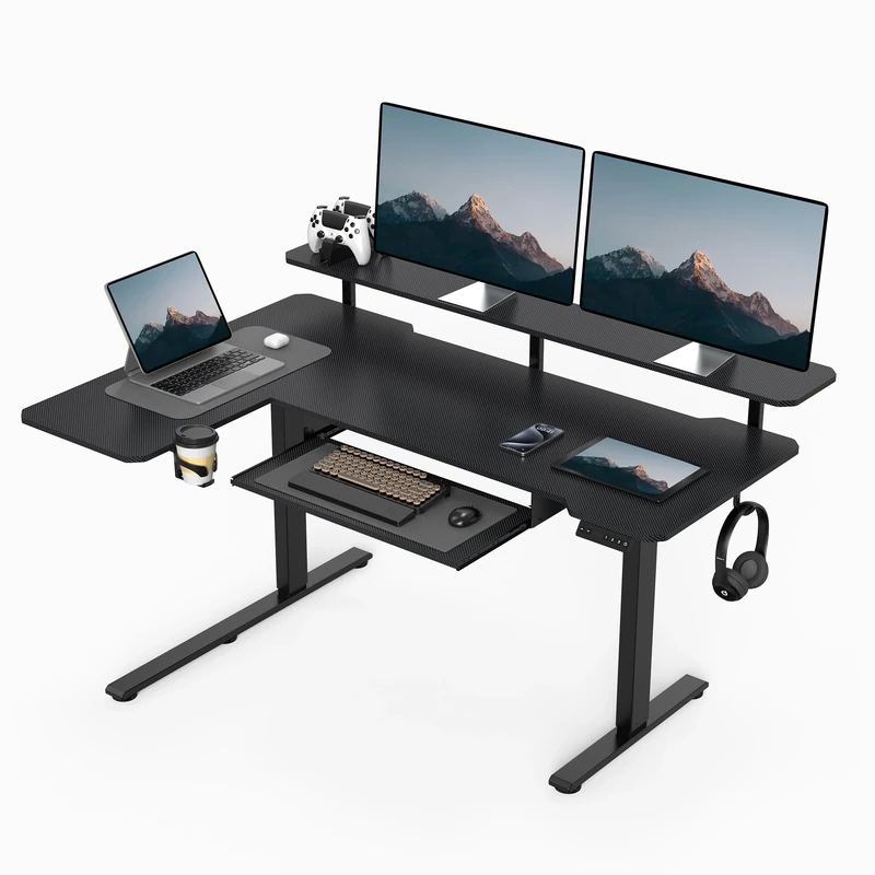 Acrolix 59 Inch L Shaped Standing Desk with Shelves and Keyboard, Electric Corner Standing Desk Adjustable Height, Sit Stand Computer Table with Reversiable Splice Board,Black Carbon Top