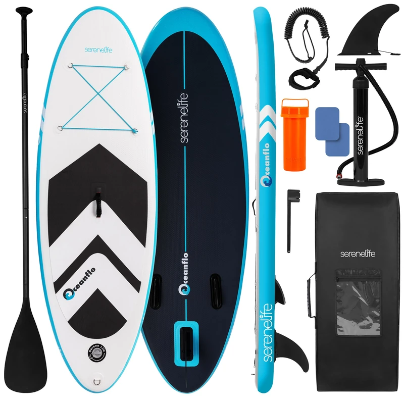 SereneLife Kids Stand Up Paddle Board 7ft 9in Inflatable SUP 30in Wide Stable Youth Design – Anti Slip EVA Deck Complete Kit with Paddle Pump Backpack Leash