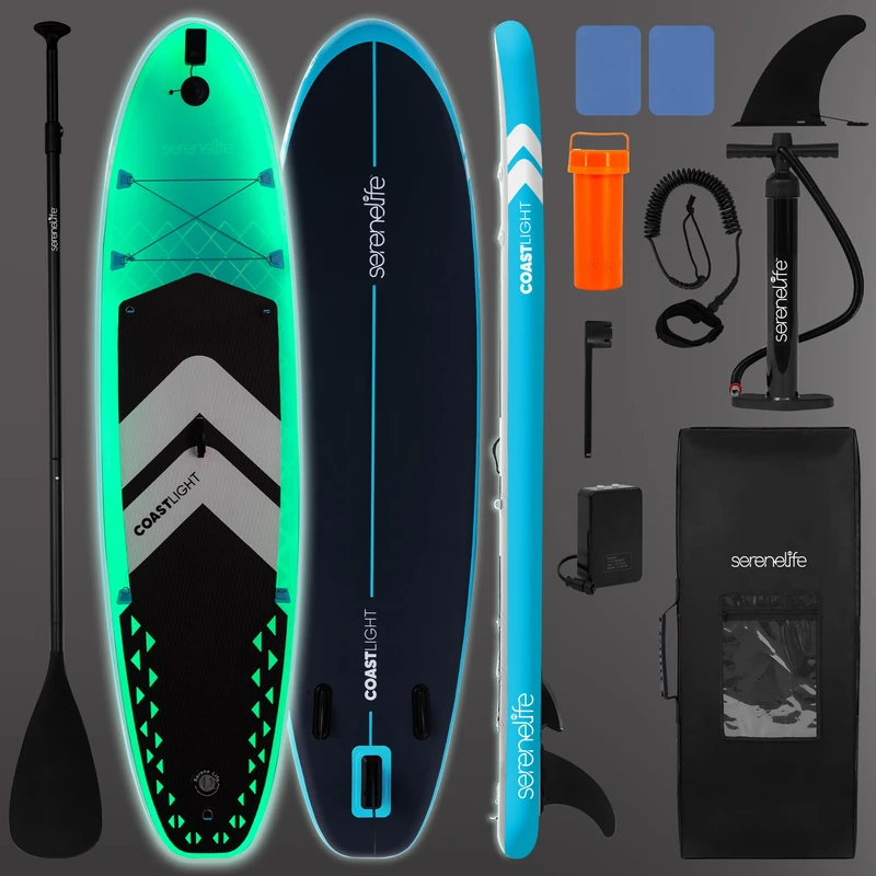 SereneLife Paddle Board Inflatable SUP 10ft 6in x 32in LED Light Up Design for Adults and Kids – Stand Up Paddle Board with RGB Lights Headlight Non Slip EVA Deck, Pump, Paddle, Backpack, Leash
