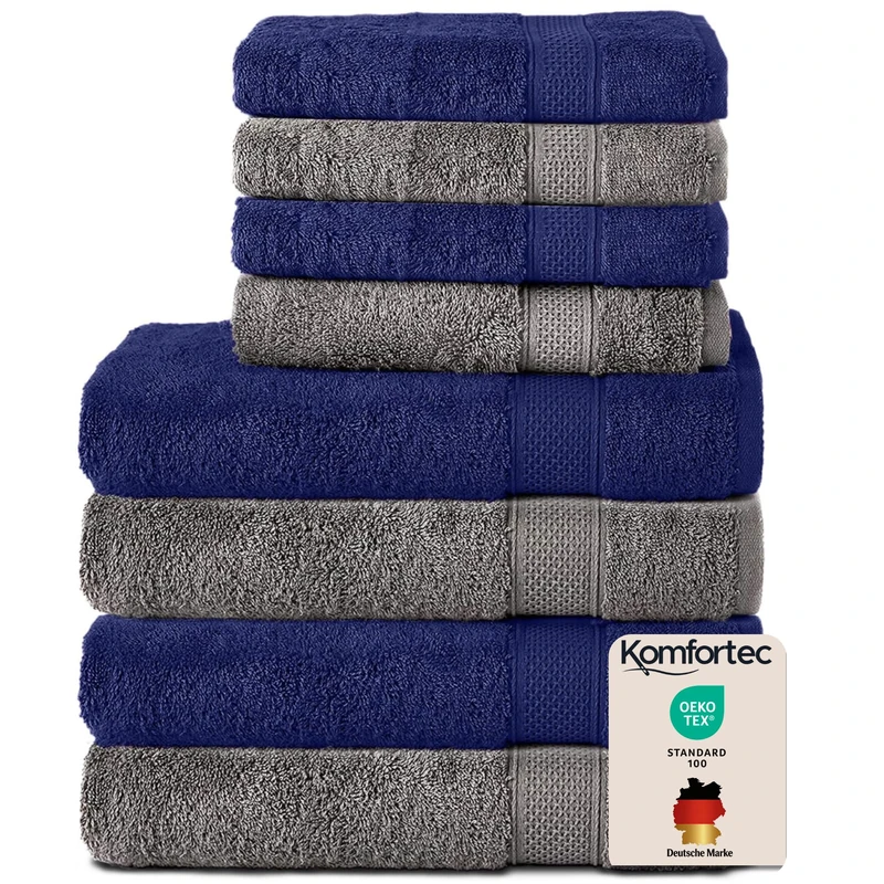 Komfortec Set of 8 Hand Towels 100% Cotton, 4 Bath Towels 70 x 140 cm and 4 Hand Towels 50 x 100 cm, Terry Cloth, Soft, Towel, Large, Anthracite Grey/Navy Blue