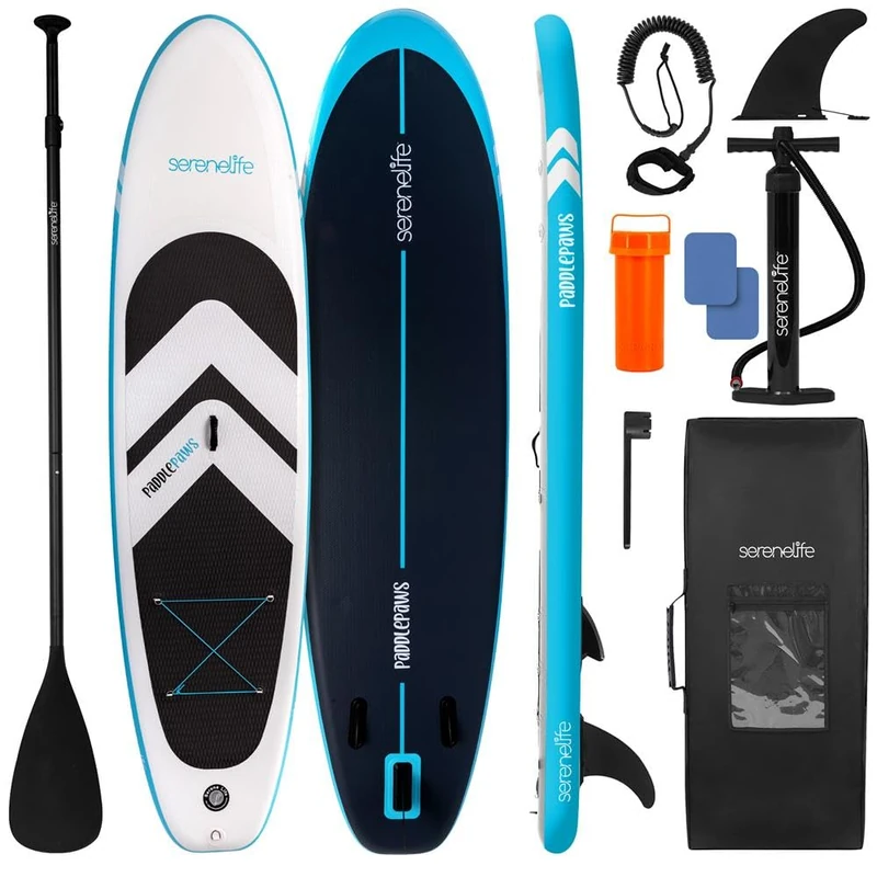 SereneLife 12ft 2in Stand Up Paddle Board Inflatable SUP Family Multi Rider Design with Seat – 34in Wide Stable Non Slip EVA Deck Complete Kit with Paddle Pump Backpack Leash
