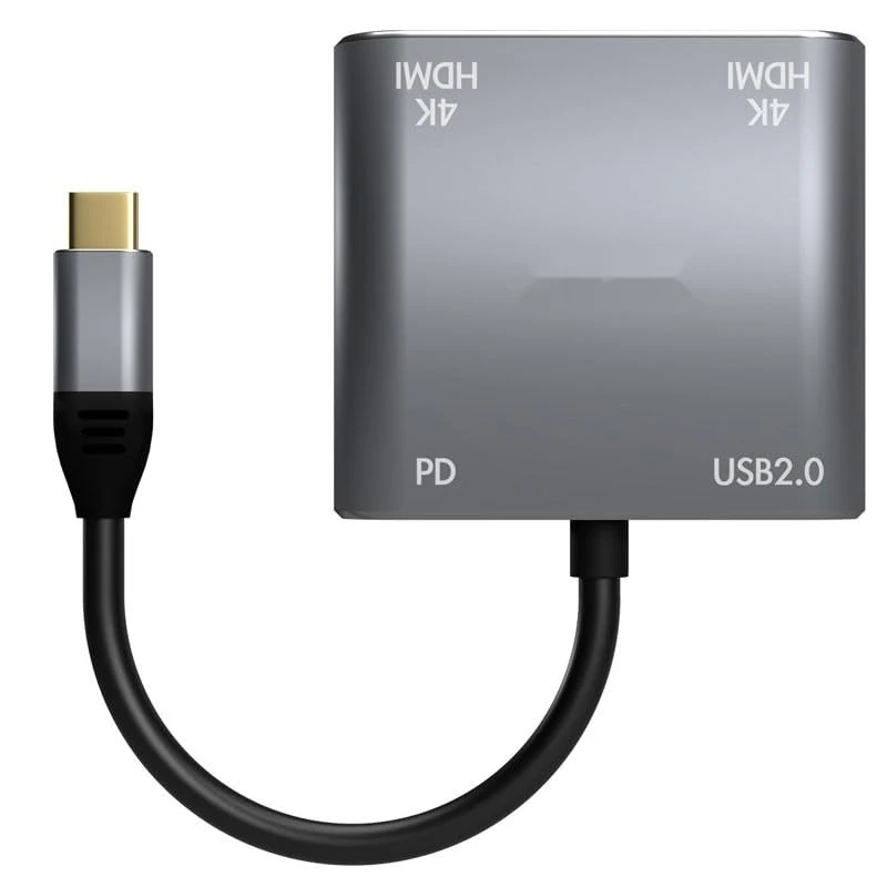 VoltShine USB-C to 2xHDMI 4K converter, compatible with SST/MST, USB 2.0, PD 60W, length 15cm, ideal for expanding screens and projections.