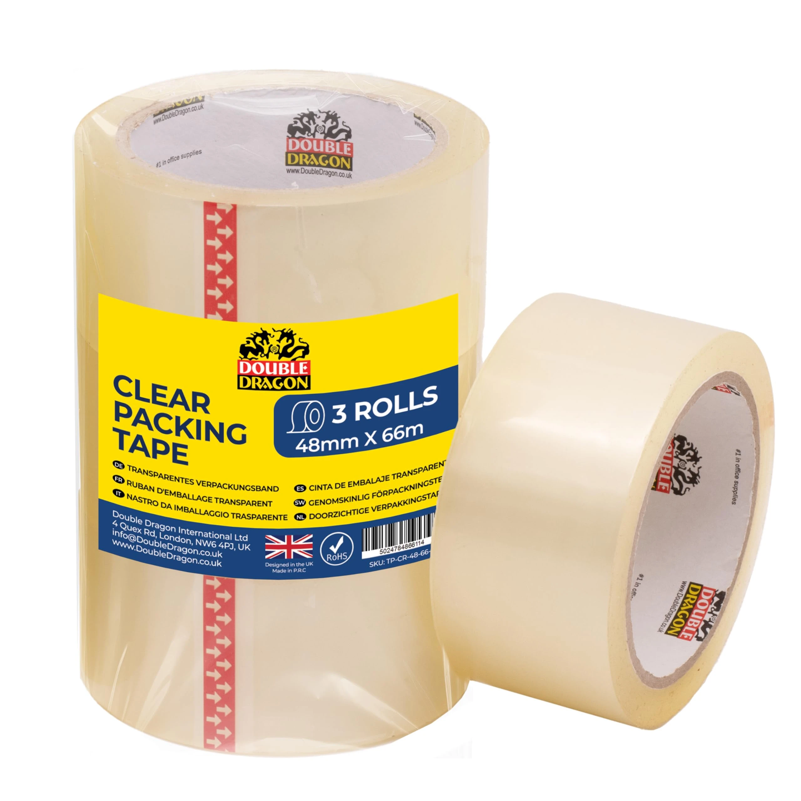 Double Dragon Clear Packaging Tape – 48mm wide, 66m long (3 Rolls) | Heavy Duty Parcel Cellotape | Secure Sticky Sealing Tape for Parcel Boxes, Moving Boxes, Large Postal Bags & long-term storage