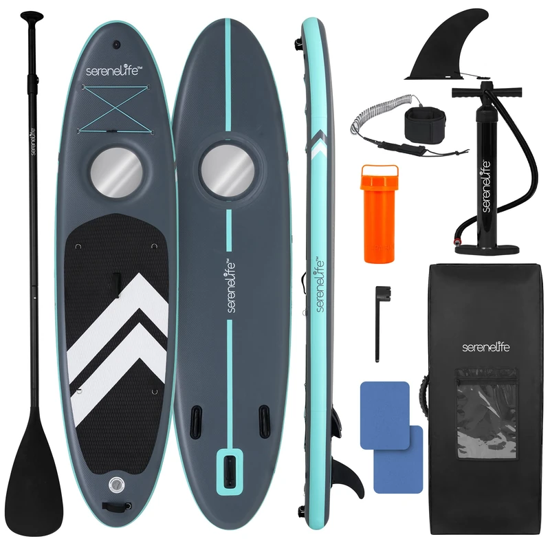 SereneLife Stand Up Paddle Board Inflatable SUP 32in Wide Stable Design for Adults and Kids – Window Viewing Deck with GoPro Mount Non Slip EVA Complete Kit
