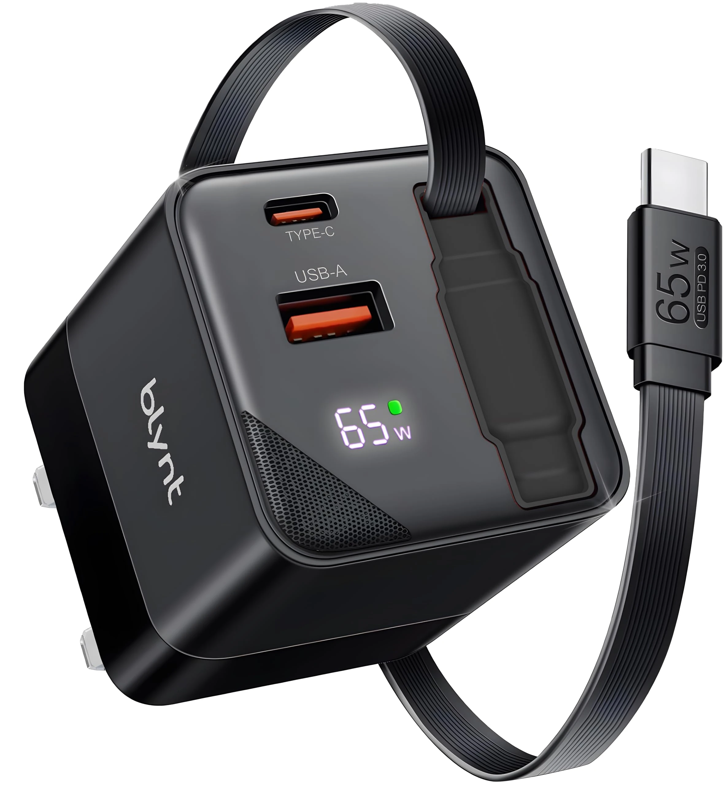 65W USB C Fast Charger with Retractable Type C Cable and Dual Port Output | Compatible with MacBook Pro/Air, iPhone 17/16/15, iPad, Galaxy S25/S24, Steam Deck, Switch | GaN Charging Tech