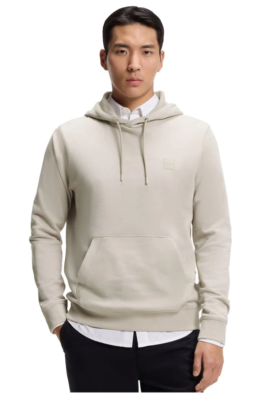 BOSS Men's WeSmallhood Cotton Terry Fleece Hoodie with Contrast Logo, Open Grey 070, M