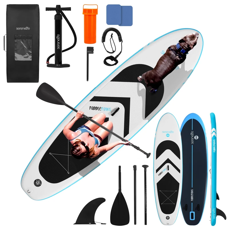 SereneLife Paddle Board Inflatable SUP Stable Design for Adults Kids Pet Friendly – Non Slip EVA Deck Complete Kit with Paddle Pump Backpack Leash
