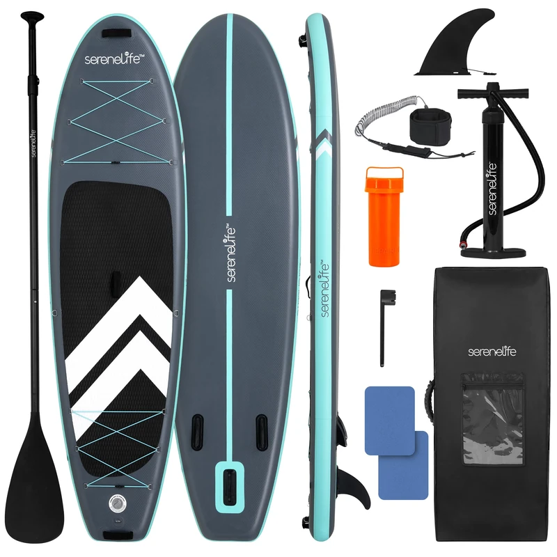 SereneLife Paddle Board Inflatable SUP 32in Wide Stable Design for Adults and Kids – Stand Up Paddle Board, Non Slip EVA Deck Beginner Friendly Kit with Paddle, Pump, Backpack, Leash