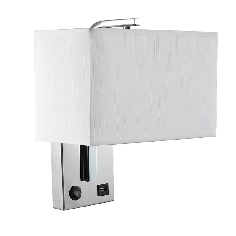 VoltShine Wall Light 1xE27 with USB Port, Chrome and White Panel, Dimensions 27x25x15cm, Includes Switch; Ideal for Lighting and Charging Devices. - Image 1