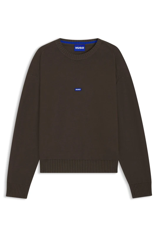 HUGO Knitted-Cotton Sweater with Blue Logo Badge