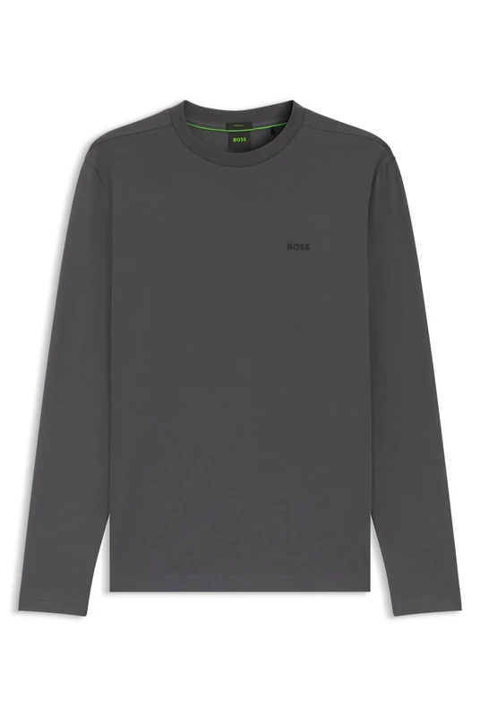BOSS Mens Tee Long Long-Sleeved T-Shirt in Stretch Cotton with Contrast Logo