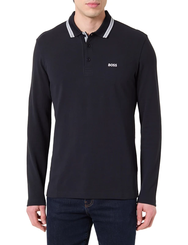 BOSS Men's Plisy Long Sleeve Cotton Pique Polo Shirt with Collar Detail, L