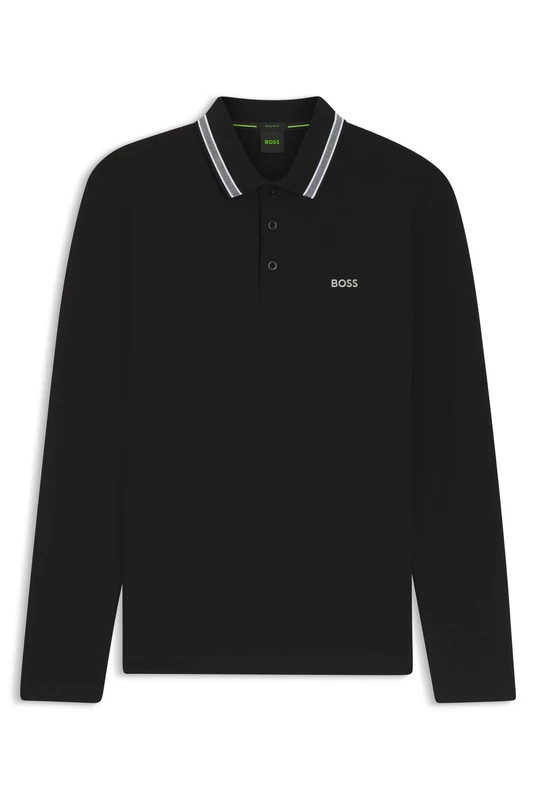 BOSS Mens Plisy Long-Sleeved Cotton Piqué Polo Black - Image 1