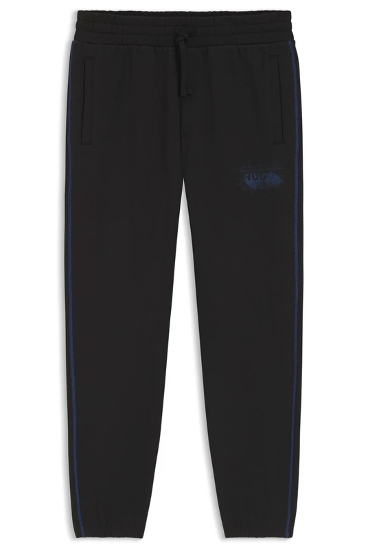 HUGO Mens Notharos Cotton-Terry Tracksuit Bottoms with Logo and Contrast Stitching Black
