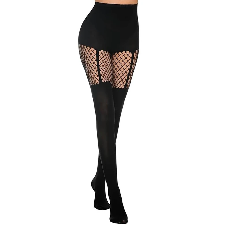 Thigh High Tights Mock Suspender Pantyhose Striped Goth Fishnets, Black1, One Size