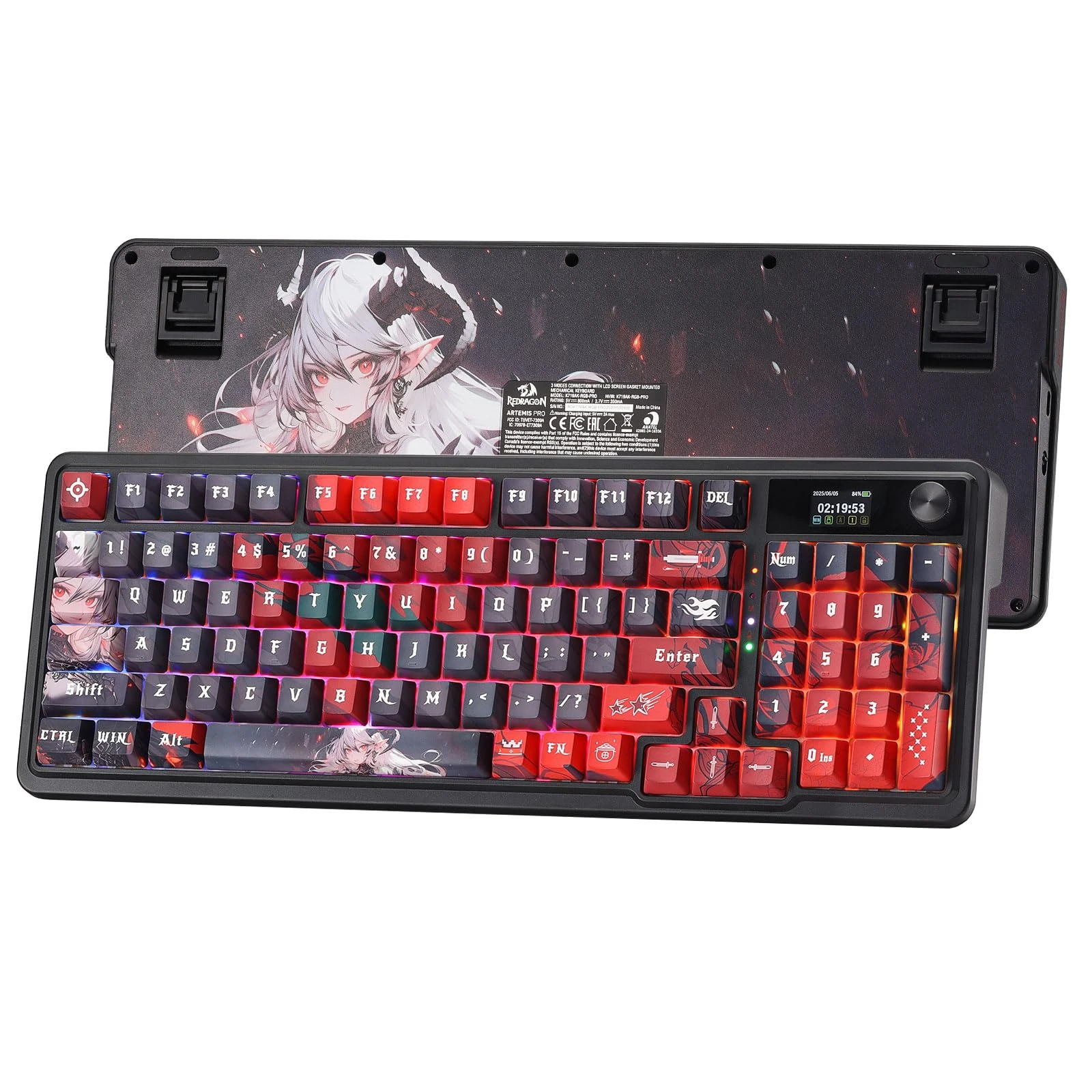 Redragon K719 PRO Wireless Gasket Gaming Keyboard w/Hype Screen & Knob, 95 Keys Mechanical Keyboard, Easy-Control 1.14’’ TFT Info Display, 5-Layer Noise Dampening, Custom Linear Switch, Anime Edition