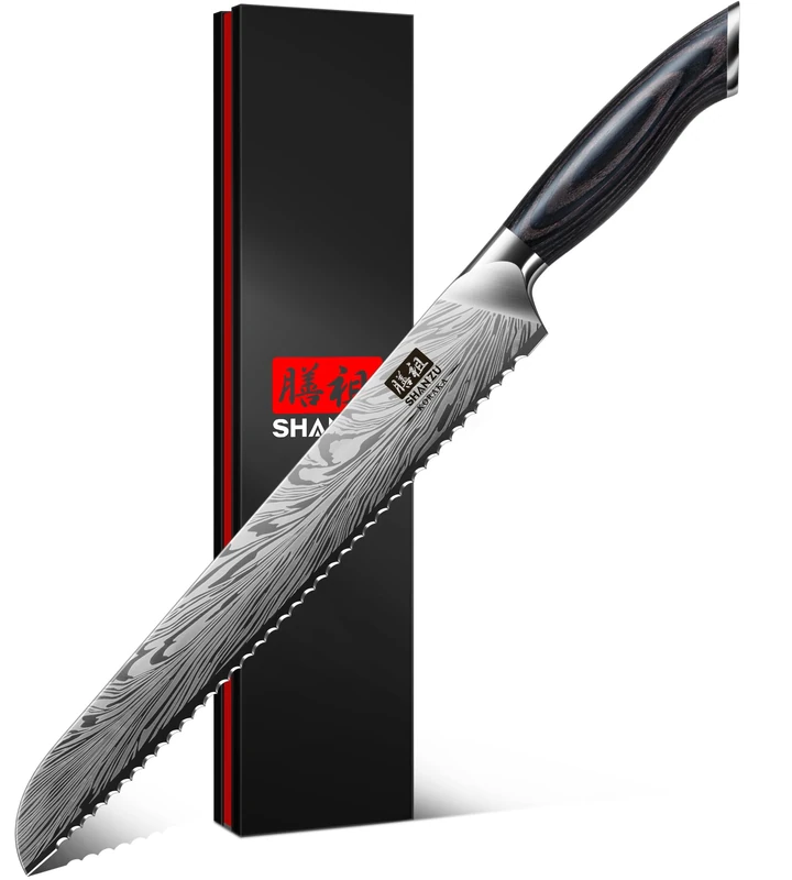 SHAN ZU 10" Premium Bread Knife in Powder Steel, Japanese Serrated Kitchen Knives High Carbon 63 HRC Bread Slicer Knives Professional 12°Sharp Longer Blade Chef Pastry Knife with Comfortable Handle
