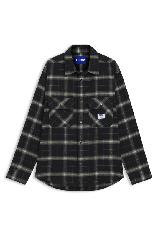 HUGO Mens Ebolt Oversized-fit Overshirt in Checked Cotton Twill Black