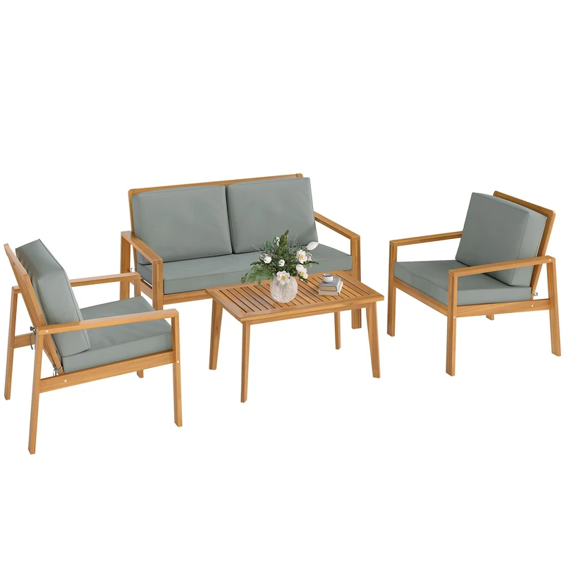 Outsunny 4 Pieces Wooden Garden Furniture Set with Cushions, Teak