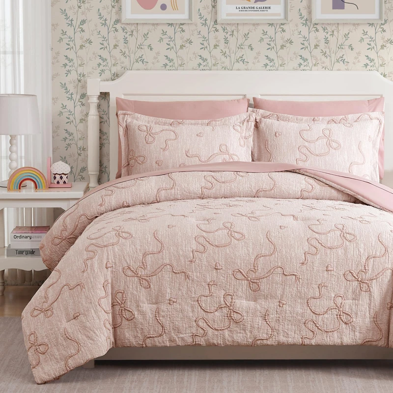 Queen Comforter Set - 7 Pieces Pink Bedding Set Bow Jacquard Bed in a Bag