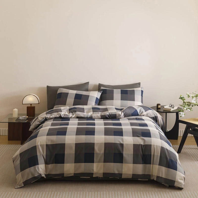 Wellboo Blue Plaid Comforter Queen Navy Blue and Grey Checkered Bedding
