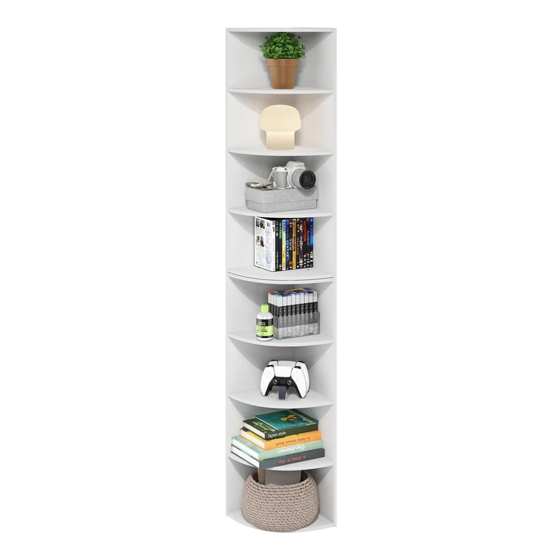 Furinno ECON Corner Shelf, 8-Tier Corner Book Shelf, Storage Shelves, Display Rack, Bookshelf, for Organization and Storage, Living Room, Home Office, White