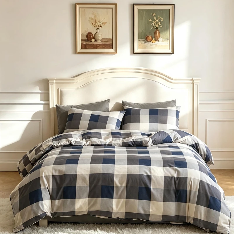 CLOTHKNOW Navy Blue Plaid Queen Comforter Set Buffalo Gingham Bedding Comforter Sets Soft All Season Lightweight Comforters