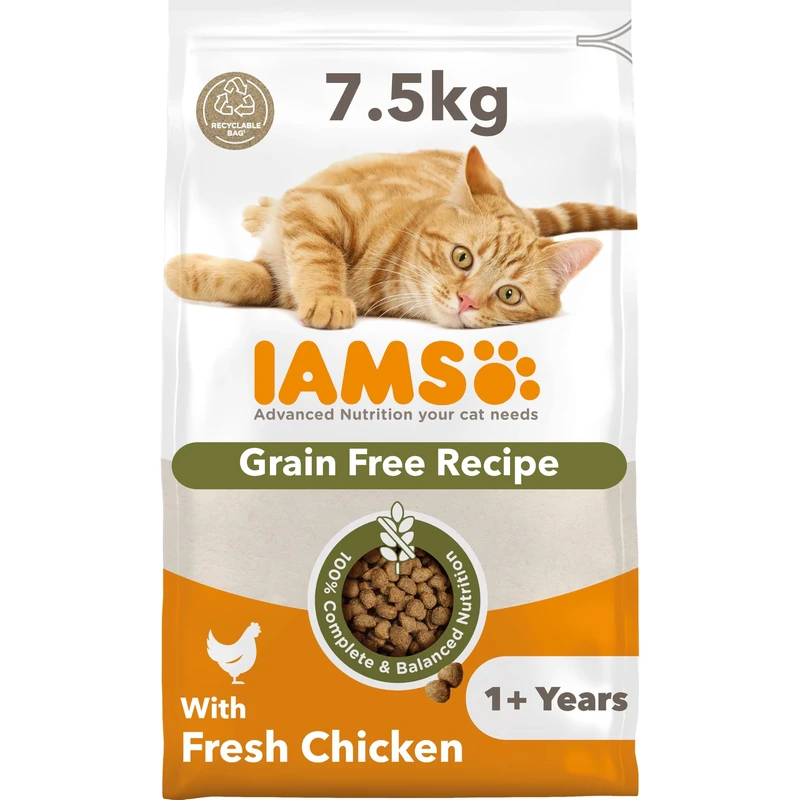 IAMS Grain Free Adult Complete Dry Cat Food Chicken 7.5kg - Supports Strong Immune System
