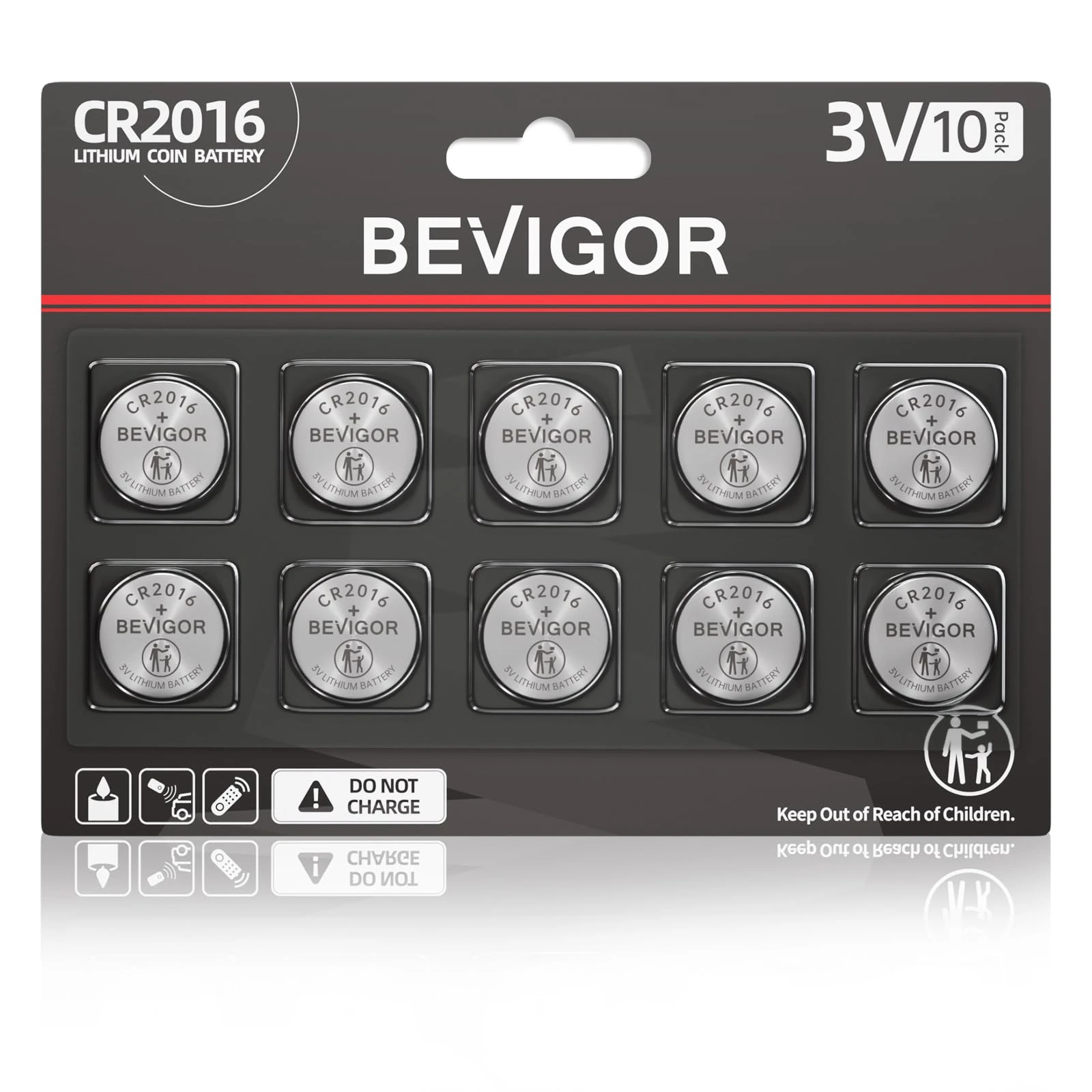 Bevigor 2016 Battery 10pack Compatible with Medical and Fitness Devices CR2016 Lithium 3V Coin Battery for Child Safety, Suitable for Key Fobs,Car Remote, Watch, Candle and More (CR2016-10)