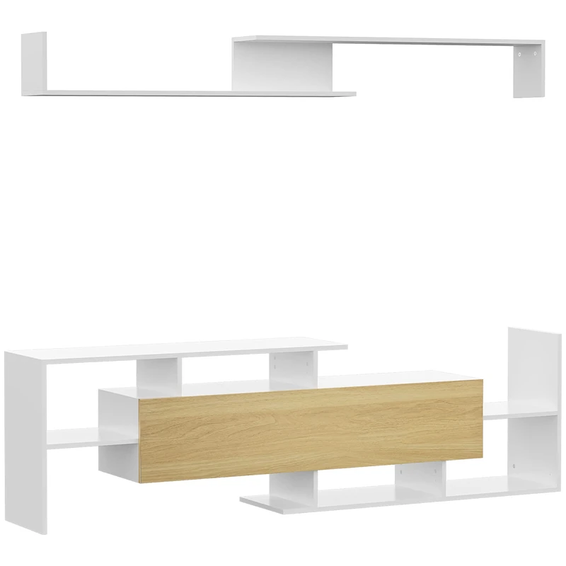 HOMCOM Modern TV Cabinet with Wall Shelf, TV Unit with Storage Shelf and Cabinet, for Wall-Mounted 65" TVs or Standing 40" TVs, White and Natural