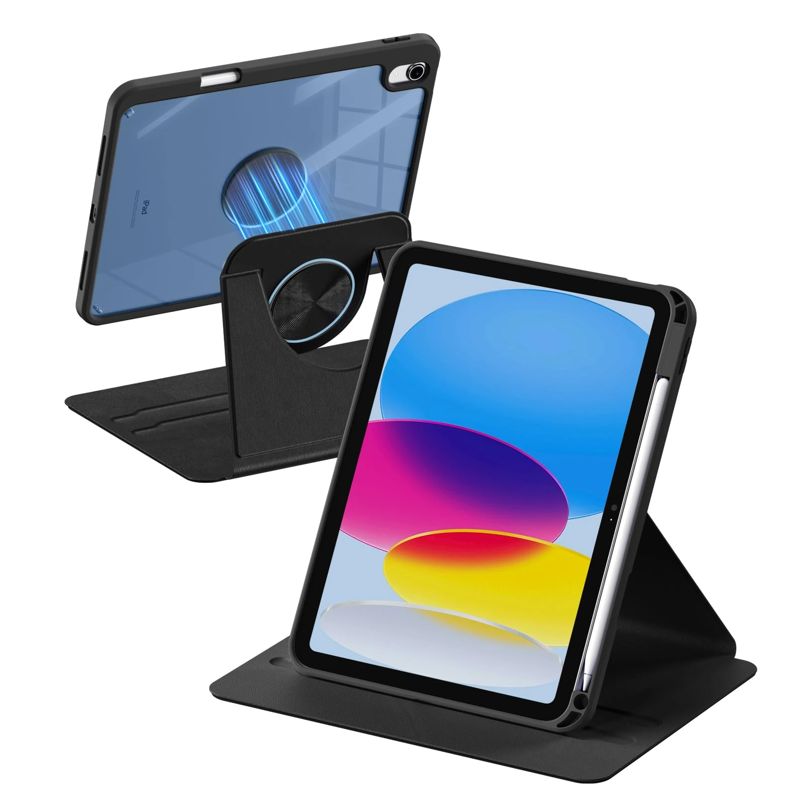 drivego 360 Rotating Case for iPad (A16) 11th Generation 11 Inch 2025/10th Generation 10.9 Inch 2022, Magnetic Detachable Cover with Pencil Holder for iPad 11/10 Gen, PC Clear Back, Black