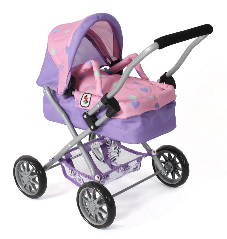 Bayer Chic 2000® Smarty Doll's Pram - Purple Hearts - Foldable - With Hood, Bag, Cushion & Blanket - Handle Height 56 cm - For Children from 2 Years
