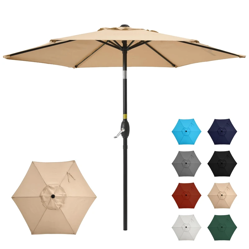 SUNVIVI OUTDOOR 7.5' Outdoor Patio Umbrella, Patio Umbrella, Market Umbrella, Aluminum Pole Umbrella with Push Button Tilt and Crank, 6 Ribs, Polyester Canopy, Light Brown